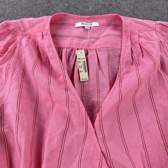 Madewell Blouse Womens Medium Pink Striped Wrap Tie Waist 3/4 Sleeve Cotton - Picture 2 of 11